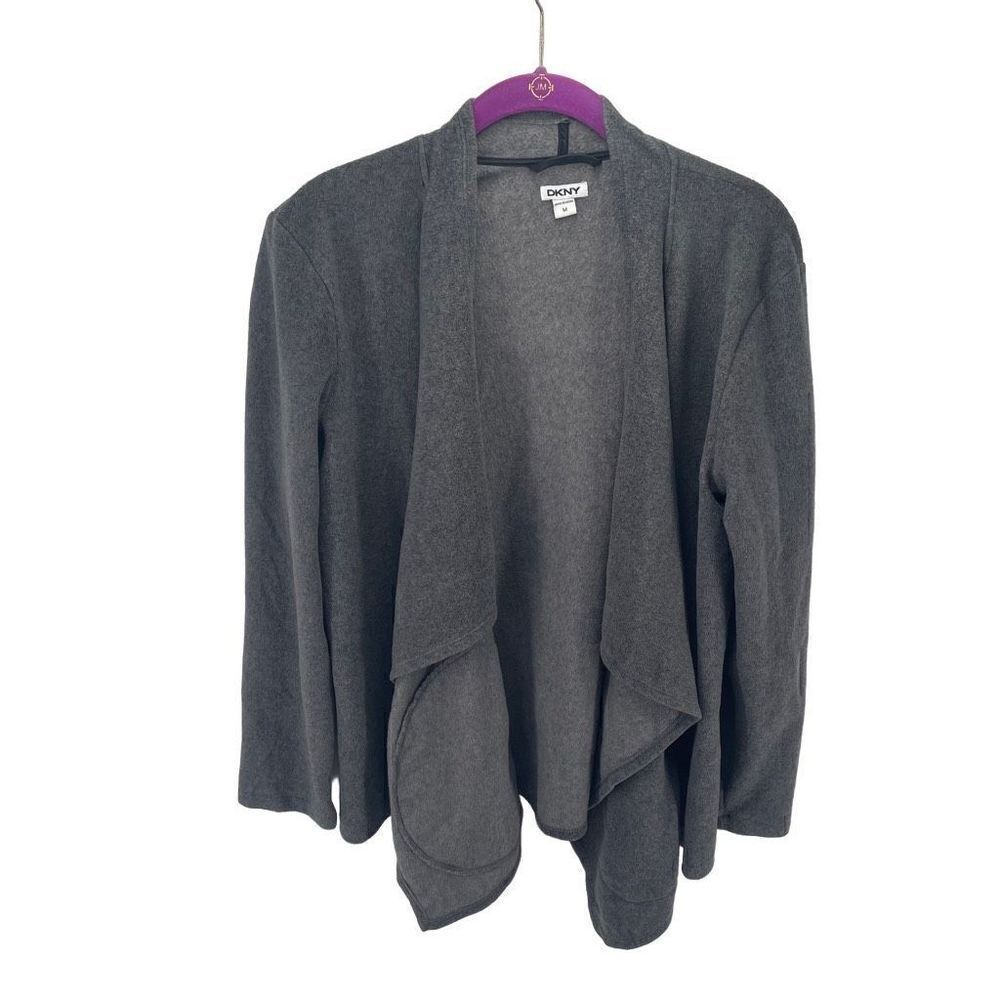 DKNY Women's Open Front Cardigan Sweater Pocket Long Sleeve Stretch Gray Medium